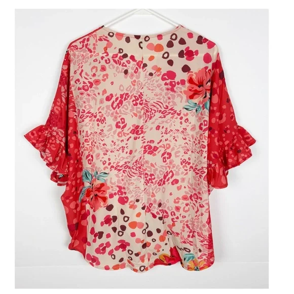 Umgee Be So Bold Top Medium Mixed Print Animal Floral Faux Wrap Ruffle Sleeve - Picture 2 of 6